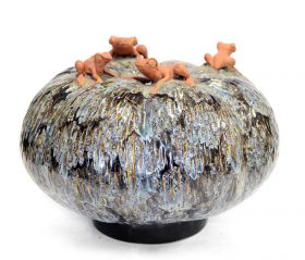 Vas din lemn cu suport din metal  Obiect decorativ din ceramica 